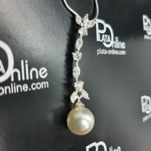 Gargantilla de plata con circonitas y PERLA de 10mm. 40cm.
