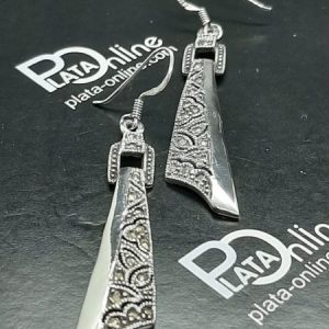 Pendientes de plata Fantasía labrado, liso y circonitas. 10mm x 45mm