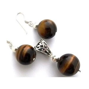 Conjunto de plata. Bolas de ojo de tigre. Pendientes 14mm y colgante 16mm.