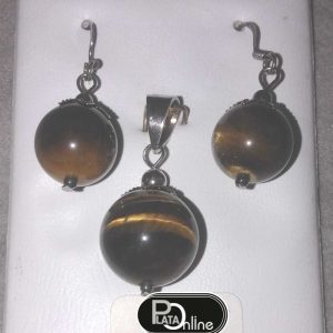 Conjunto de plata. Bolas de ojo de tigre. Pendientes 10mm y colgante 12mm bajo casquilla y bolita de plata.