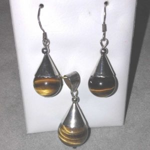 Conjunto de plata. Bolas de ojo de tigre. Pendientes 10mm y colgante 15mm bajo cono.