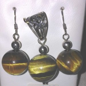 Conjunto de plata. Bolas de ojo de tigre. Pendientes 14mm y colgante 16mm bajo bola de plata.